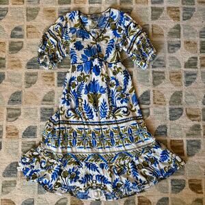 Figueroa & Flower Boho Blue/Olive/Cream Midi Dress Occassionwear Festival Size M